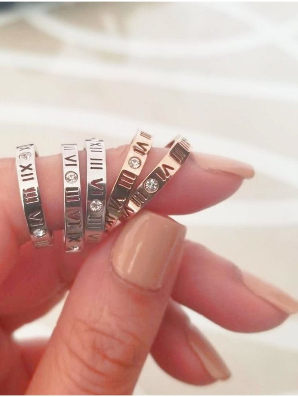 Crystal Roman Numeral Laser Cut Out Rings Silver Rose Gold
